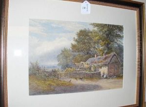 Mother And Child By A Thatched 
Cottage;shepherd With Sheep On A Lane, Signed, A Pair Of Watercolours