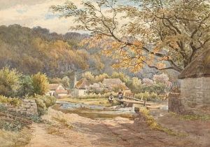River And Hamlet With Figures By A Footbridge