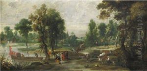 Paesaggio Con Figure E Un'imbarcazione Sulla Sinistra by Jan Wildens