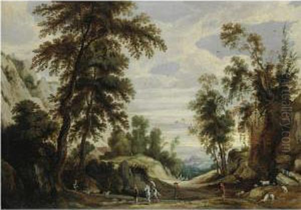 An Extensive Mountainous
Landscape With A Horseman And Shepherdswith Their Flock On A Path - view 1