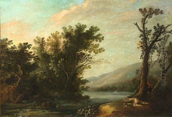 Bewaldete Flusslandschaft Mit Einem Entenjager. - view 1