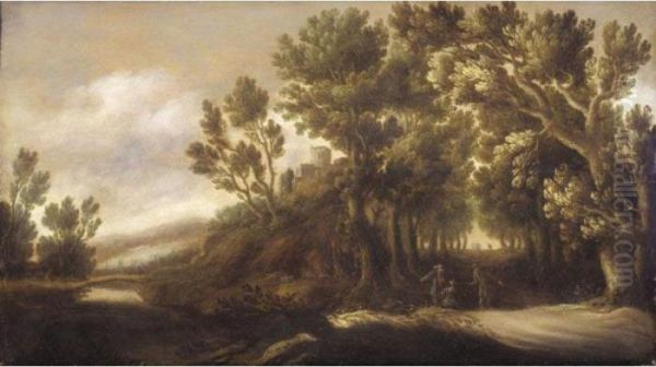 A Wooded River Landscape With Figures Conversing Beside A Track In The Foreground - view 1