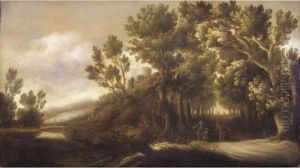 A Wooded River Landscape With Figures Conversing Beside A Track In The Foreground by Jan Wildens