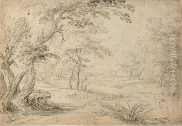 A Wooded Landscape With A Stream, A Village In The Distance - view 1