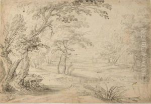 A Wooded Landscape With A Stream, A Village In The Distance by Jan Wildens