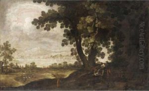 A Wooded Landscape With Bandits Attacking Travellers