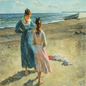 Mother And Daughteron The Beach by Johannes Martin Fastings Wilhjelm