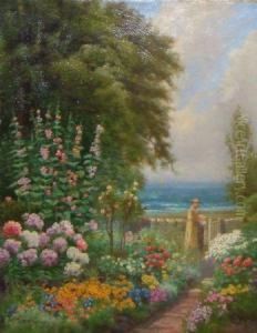 Lady Picking Flowers In Floral Garden By The Sea by Arthur Stanley Wilkinson