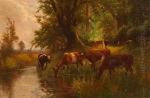 A Pastoral Landscape With Cattle Grazing And Watering In A Pond by Arthur Stanley Wilkinson