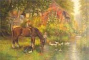 A Man On Horseback Watering With
Children And Ducks In A Pond And Timbered Buildings Beyond by Arthur Stanley Wilkinson