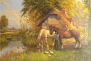 A Man With A Child On Horseback With Another Horse Watering A Man With A Child On Horseback With Another Horse Watering