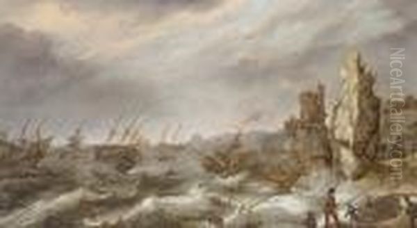 Dutch Shipping Foundering In Stormy Seas, A Village On A Rocky Outcrop Beyond by Abraham Willaerts