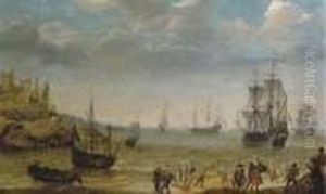 A Rocky Coastal Scene With 
Fisherfolk Bringing In Their Catch, A Man-of-war And Other Shipping 
Offshore
