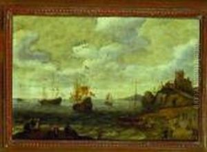 Figures On A Coast With Shipping And Fishing Off Shore by Abraham Willaerts