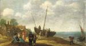 A Coastal Landscape With Fish Sellers By A Beached Boat, A Village Beyond A Coastal Landscape With Fish Sellers By A Beached Boat, A Village Beyond