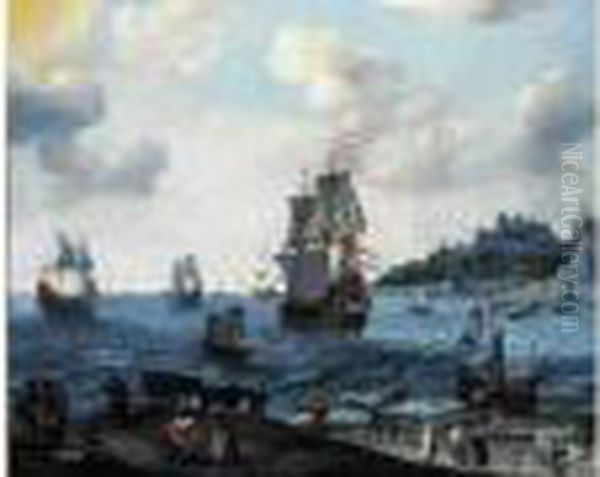 Vue D'un Port Avec Des Personnages Et Des Bateaux Hollandais Et Anglais - view 1