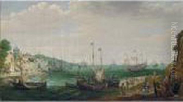 A Coastal Landscape With Fishing
 Boats, Men-of-war And Other Shipping, Fishermen Unloading Their Catch 
And A Fortified Town On The Left In The Foreground - view 1
