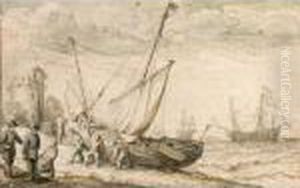 Fisherfolk Hauling Their Boat 
Onto The Shore, With Shipping Behind And A Tower To The Left