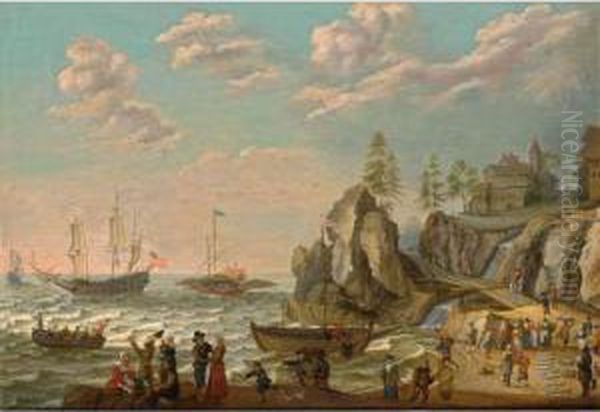A Coastal Landscape With A
Galley, An English Galley Frigate, A Fisher Pink, And A Rowing Boat On
Choppy Waters, Fishermen Unloading And Selling Their Catch On The Beach
Near A Village - view 1