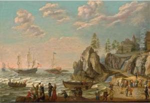 A Coastal Landscape With A 
Galley, An English Galley Frigate, A Fisher Pink, And A Rowing Boat On 
Choppy Waters, Fishermen Unloading And Selling Their Catch On The Beach 
Near A Village