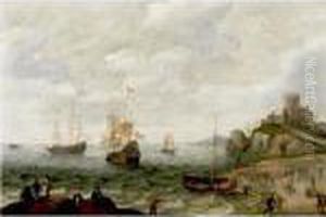 Coastal Landscape With Ships At Anchor And Fisherfolk by Isaac Willaerts