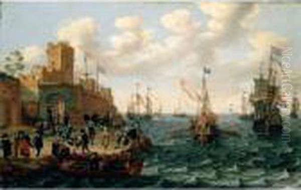 A Coastal Landscape With Dutch 
Men Of War And Barges Off The Coast, Orientals And Other Figures Before 
The Walls Of A Town In The Foreground - view 1