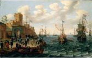 A Coastal Landscape With Dutch 
Men Of War And Barges Off The Coast, Orientals And Other Figures Before 
The Walls Of A Town In The Foreground
