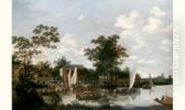 Riviere D'une Petite Ville En
Hollande Avec Des Promeneurs Sur La Berge Et D'autres En Barques. - view 1