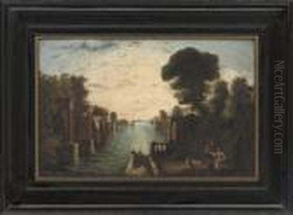 A River Landscape With Figures Seated On An Embankment With Classical Ruins Beyond - view 1