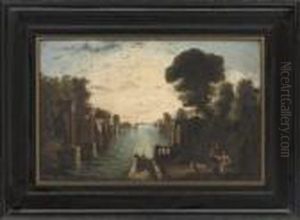 A River Landscape With Figures Seated On An Embankment With Classical Ruins Beyond