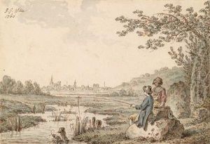Fluslandschaft Mit Angler Und Einer Frau Fluslandschaft Mit Angler Und Einer Frau