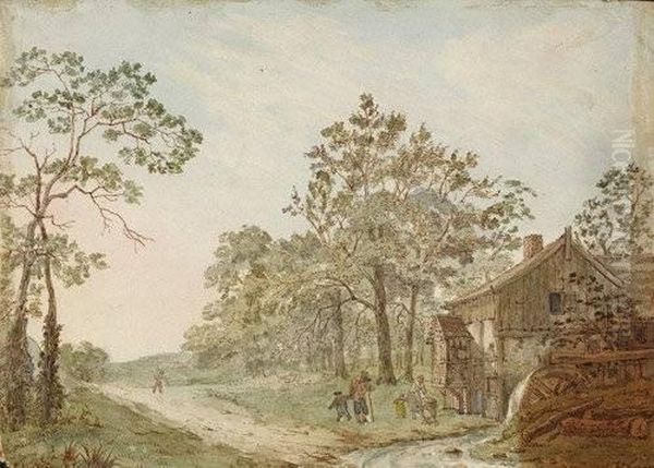 Landschaft Mit Wanderern Bei Einer Wassermuhle - view 1