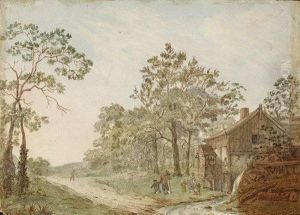 Landschaft Mit Wanderern Bei Einer Wassermuhle by Johann Georg Wille