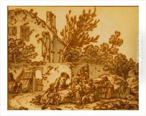 Personnages Devant Une Ferme by Johann Georg Wille