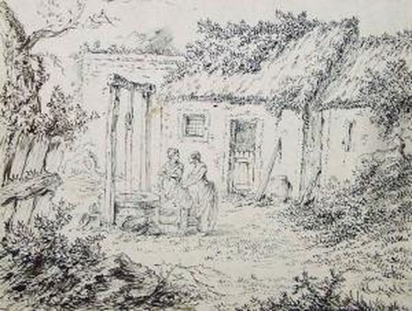 Zwei Wascherinnen An Einem Brunnen Vor Einem Bauernhaus - view 1