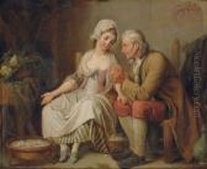 An Old Man Threading A Needle For A Young Seamstress Before A Brazier Of Coals by Pierre-Alexandre Wille