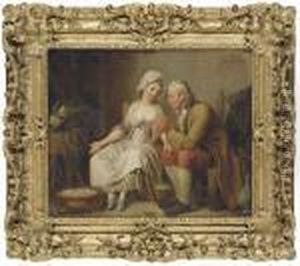 An Old Man Threading A Needle For A Young Seamstress Before Abrazier Of Coals