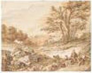 Wooded Landscape With A Young Couple Fishing by Pierre-Alexandre Wille