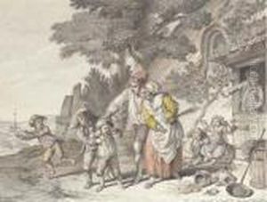 Children Being Scolded, By A Thatched House by Pierre-Alexandre Wille