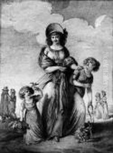 A Young Lady And Two Girls Walking In A Landscape by Pierre-Alexandre Wille