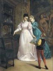 Prachtiges Interieur Mit Zwei Damen Und Einem Pagen. by Florent Willems