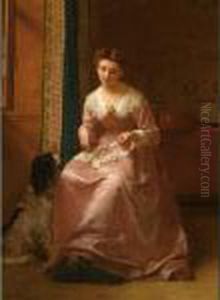 A Young Girl In A Pink Dress With Playing Cards by Florent Willems
