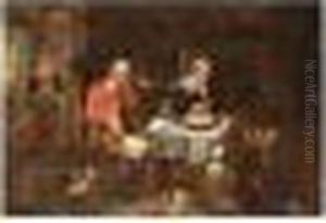 A Sleeping Man And His Family In A Kitchen Interior by Abraham Willemsens