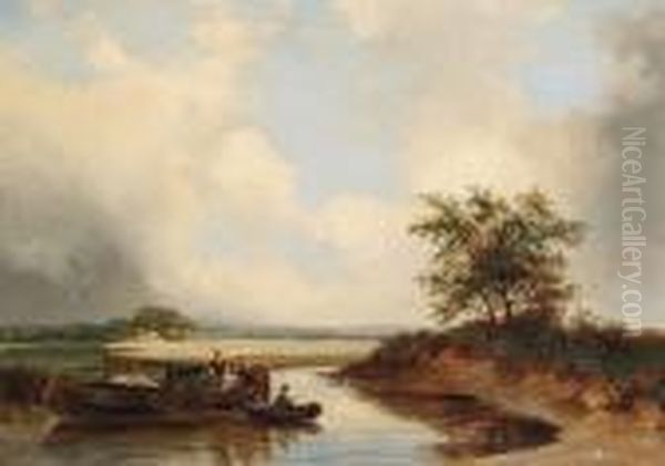Figures In A Barge On A River; Family Outside A Cottage - view 1