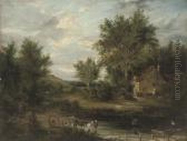 A Wooded River Landscape With Figures In The Foreground, A Cottage Beyond - view 1