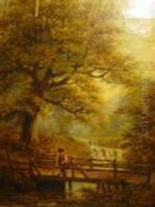 Wooded River Scene With Boy Fishing From A Wooden Bridge