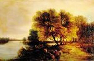 Children On Riverbank At Twilight by Edward Jr Williams