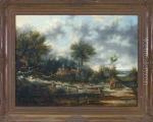 Angler Vor Einem Gehoft Am
Waldrand In Weiter Bewolkter Landschaft, Rechts Eine Wanderin Mit Kind
Und Hund - view 1