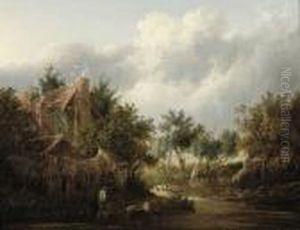 A Shepherd And His Flock Crossing A Stream