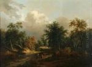 Wooded Landscape With Figures By A Stream And Cottage Beyond